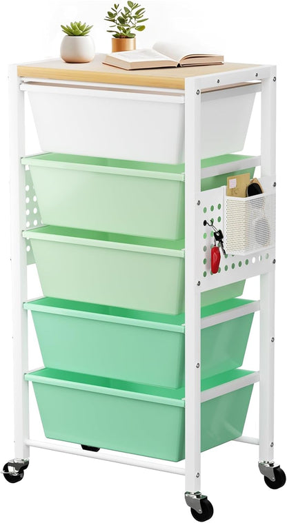 Rolling Cart with 3 Drawers, Plastic Drawer Storage Carts with Lockable Wheels & Wooden Tabletop, Metal Utility Cart Organizer, Office Bedroom Classroom Craft Organization and Storage, Bright White