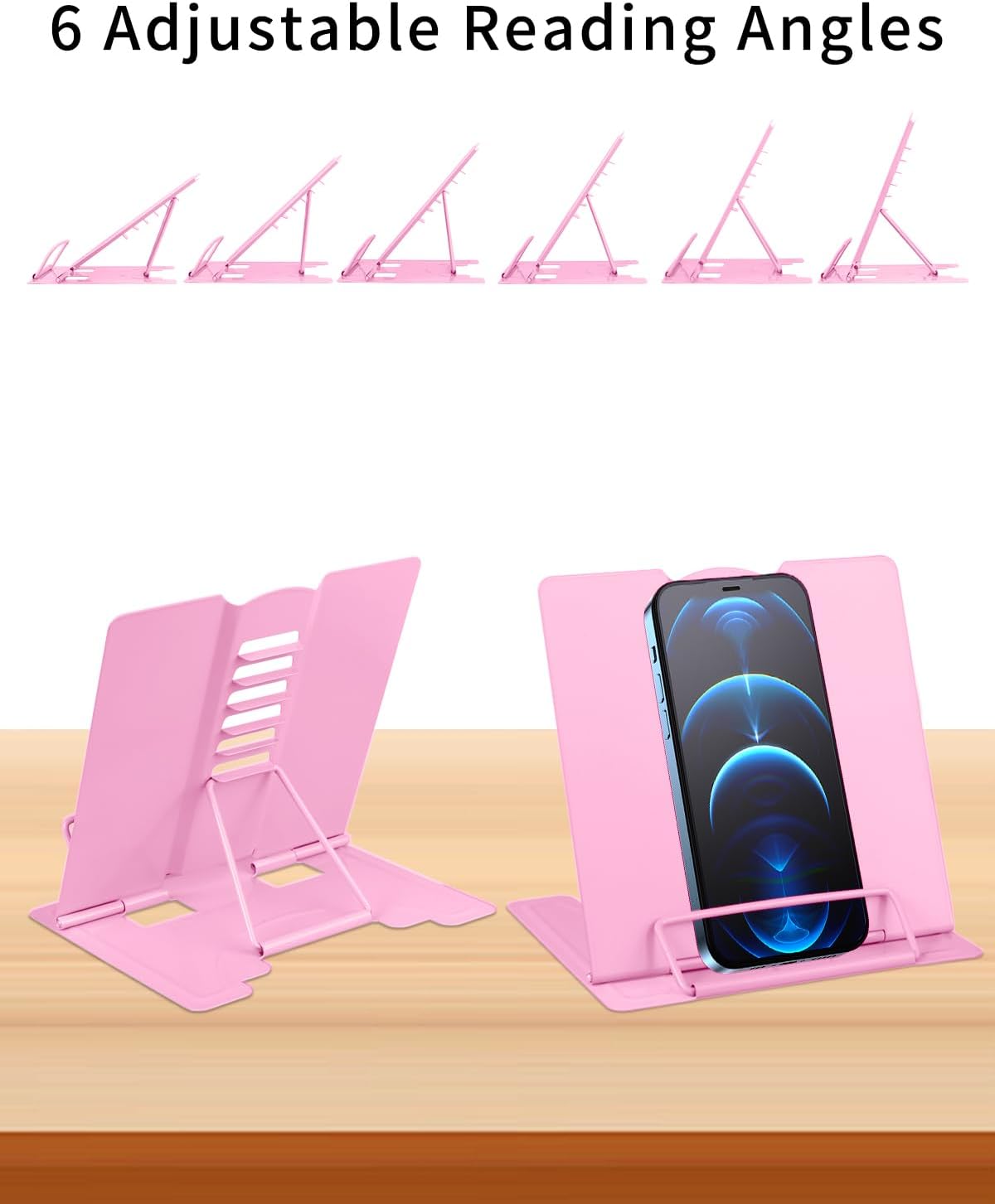 MSDADA Small Desk Book Stand Metal Reading Rest Book Holder Adjustable Cookbook Documents Holder Portable Sturdy Bookstands for Recipes Textbooks Tablet Music Books(White)