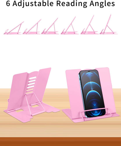 MSDADA Small Desk Book Stand Metal Reading Rest Book Holder Adjustable Cookbook Documents Holder Portable Sturdy Bookstands for Recipes Textbooks Tablet Music Books(White)