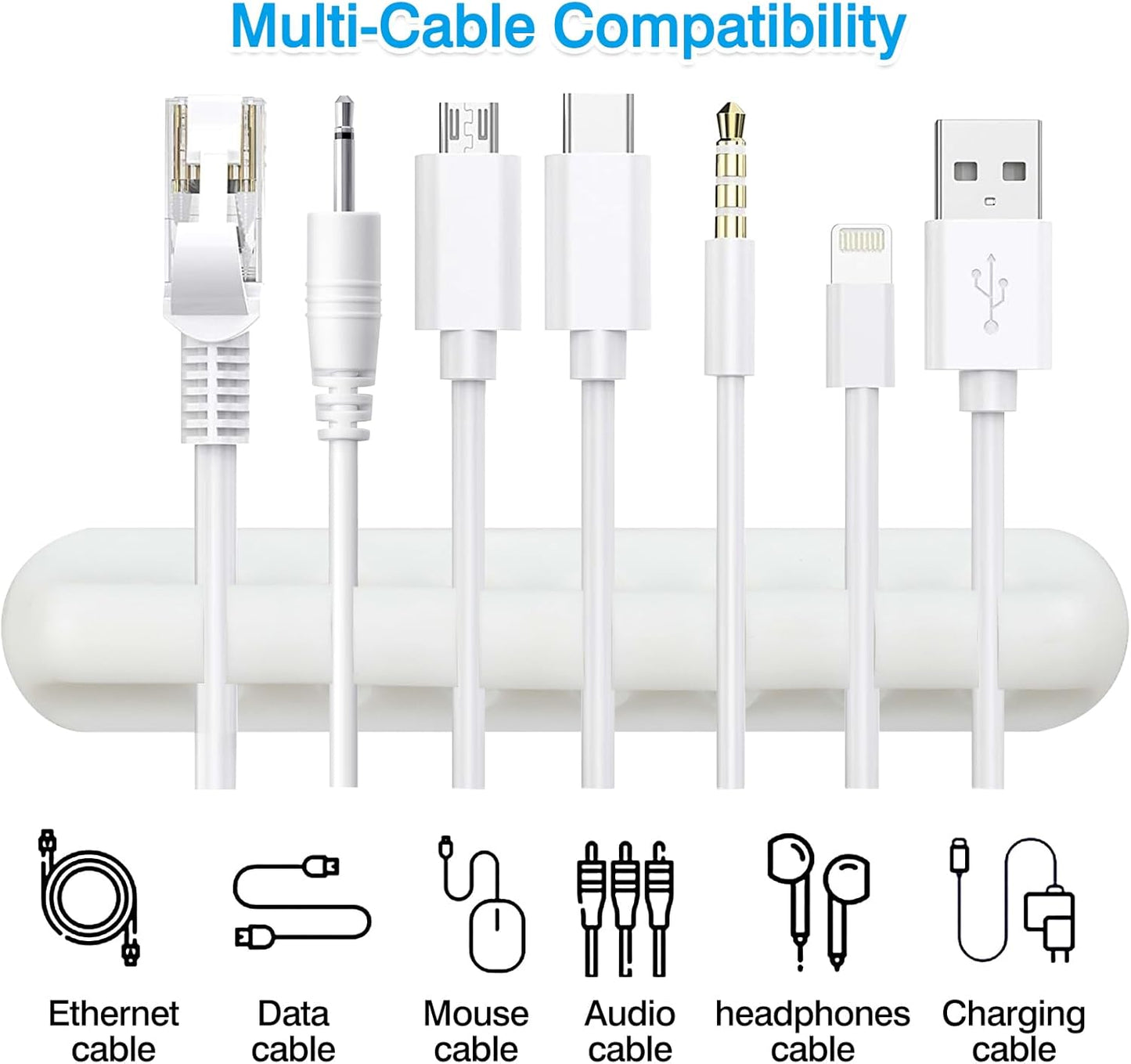 6-Pack White Silicone Cord Organizer Set – Adhesive Cable Holder Clips with 7, 5, and 3 Slots for Car, Home & Office Wire Management