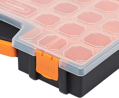Amazon Basics 19-Removable Compartment Small Parts Organizer, Portable Hardware Storage Box with Customizable Compartments, Black, Orange, 16.5 x 13.2 x 2.4 inches