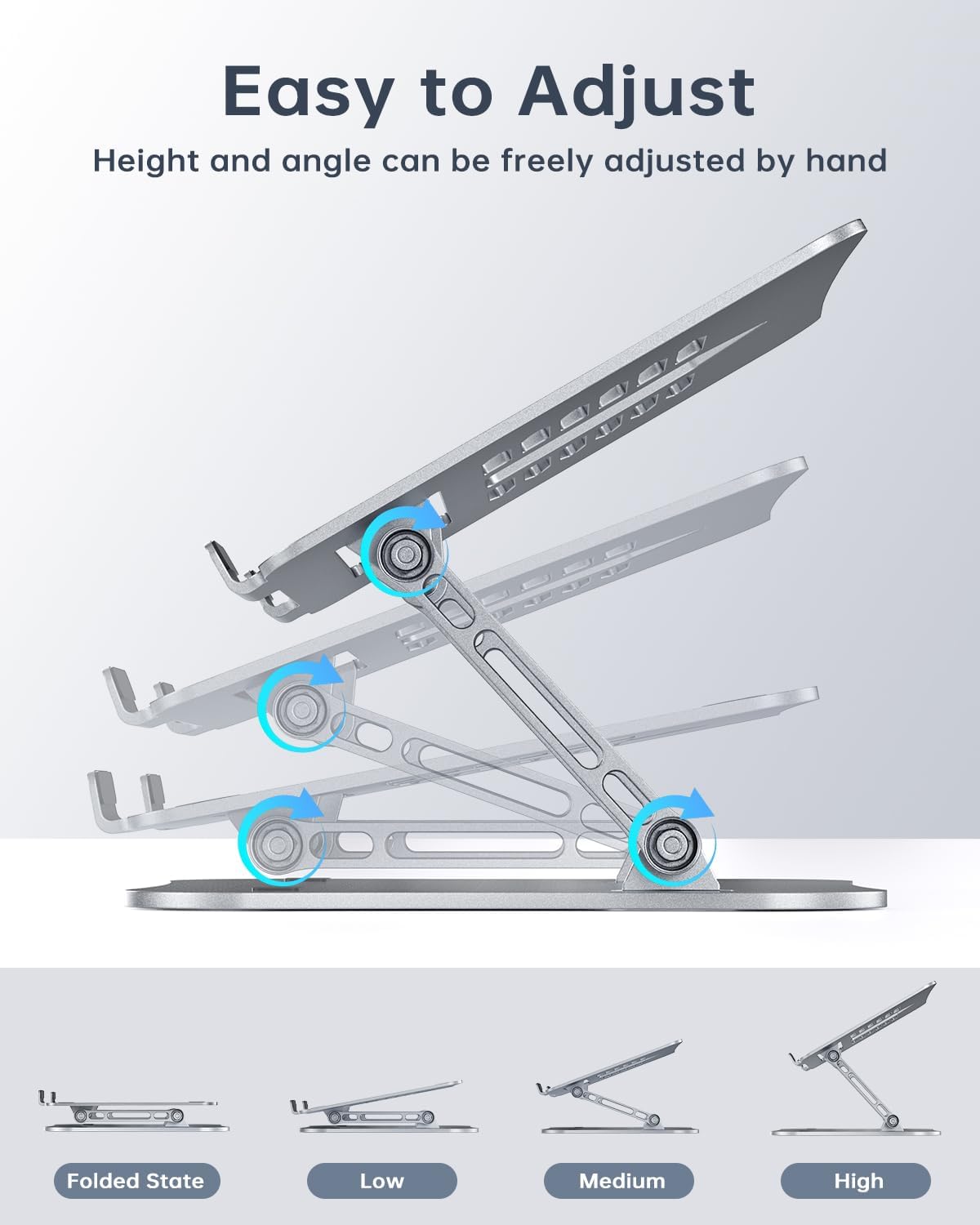 H&C(hcck&Cllassp) Aluminum Laptop Stand for Desk, Foldable and Portable Laptop Riser, Adjustable Notebook Stand, Ventilated Cooling Bracket, Ergonomic Computer Stand for 11-17 inch Notebooks, Silver