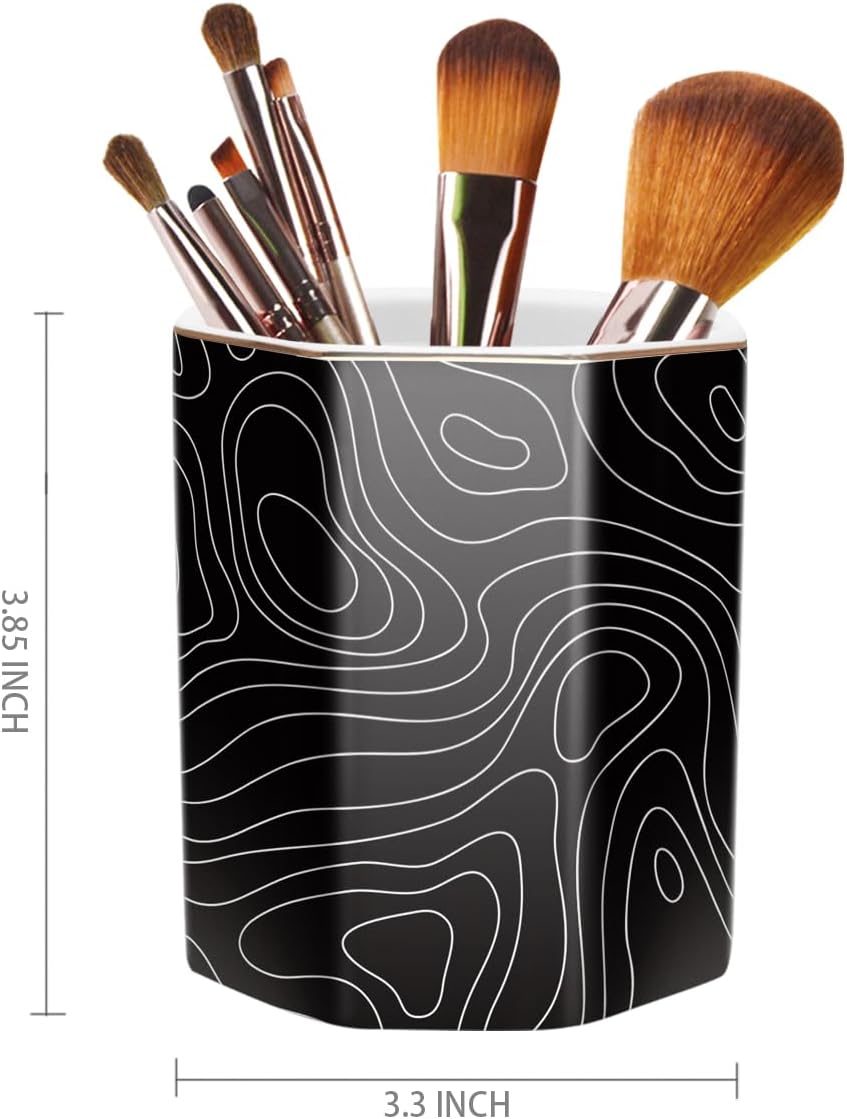 WAVEYU Ceramic Pen Holder for Desk Cute, Pencil Cup Pot Desk Organizer, Makeup Brush Holder for Women, Men, Kids, Desk Marble Decor for Office, Classroom, Home, Gray Golden