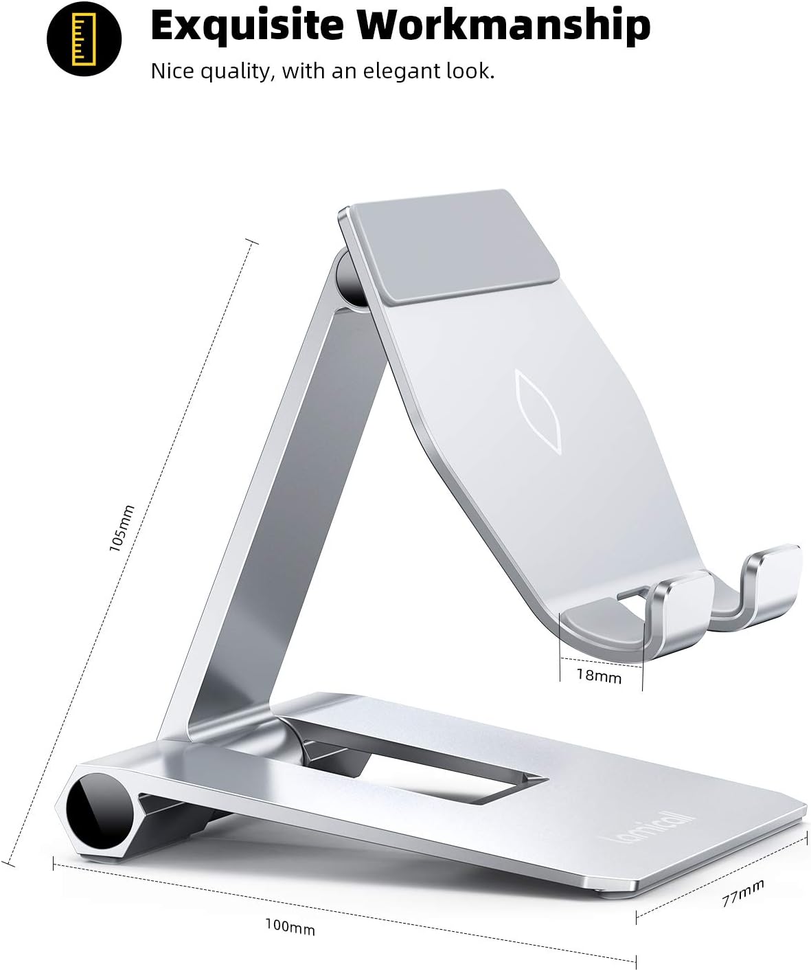 Lamicall Aluminum Metal Adjustable Cell Phone Stand Desk - Heavy Duty Metal Foldable Desktop Phone Holder, Cradle, Dock, for iPhone 16 15 14, Plus, Pro, Pro Max, 13 12 X XS,4-11'' Phone Sliver