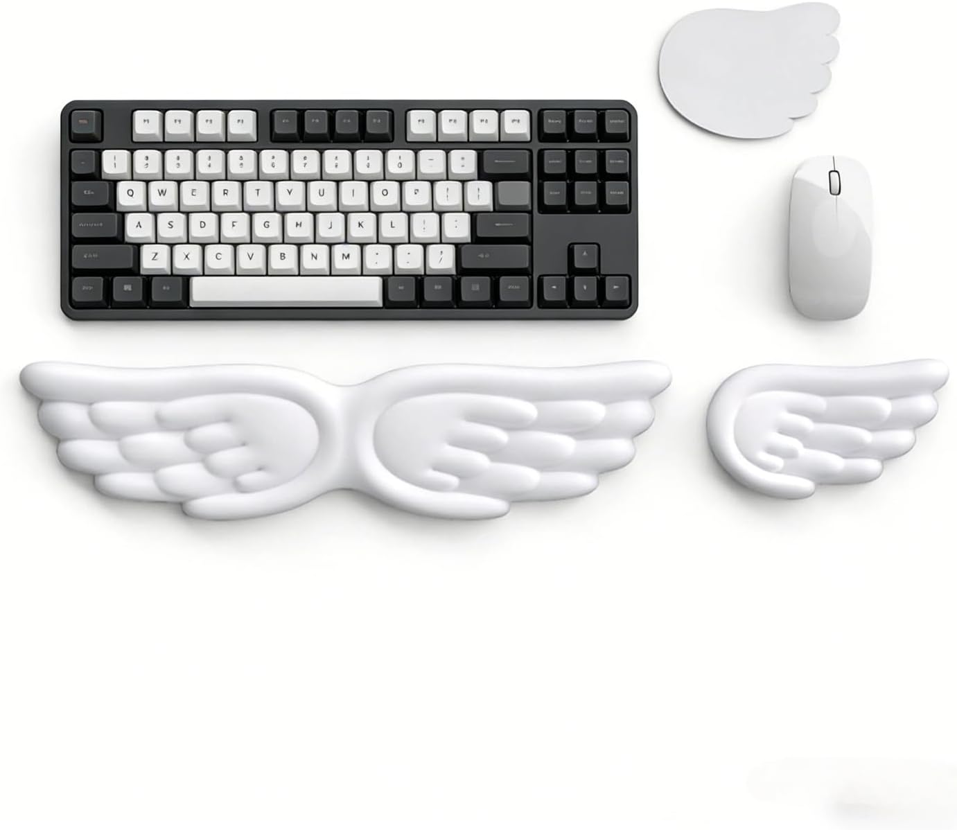 Angel Wing Wrist Rest Ergonomic Memory Foam Wrist Rest for Computer Keyboard Mouse Set with Cup Mat, Cute Gaming Keyboard Cushion Hand Support PU Leather Surface Anti-Slip Waterproof（White）
