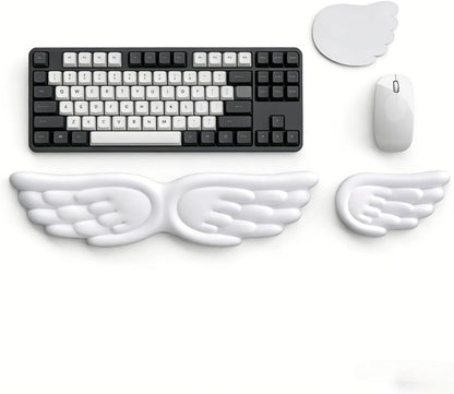 Angel Wing Wrist Rest Ergonomic Memory Foam Wrist Rest for Computer Keyboard Mouse Set with Cup Mat, Cute Gaming Keyboard Cushion Hand Support PU Leather Surface Anti-Slip Waterproof（White）