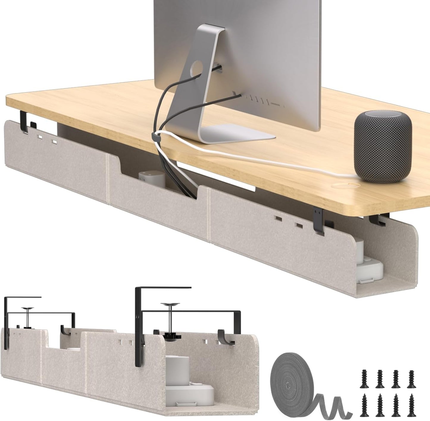 Under Desk Cable Management Tray,No-Drill Upgraded Thickened Felt Cord Organizer with Clamp or Screw Mount,Cable Holder for Standing Desk,Home Or Office(Beige, 31.5")