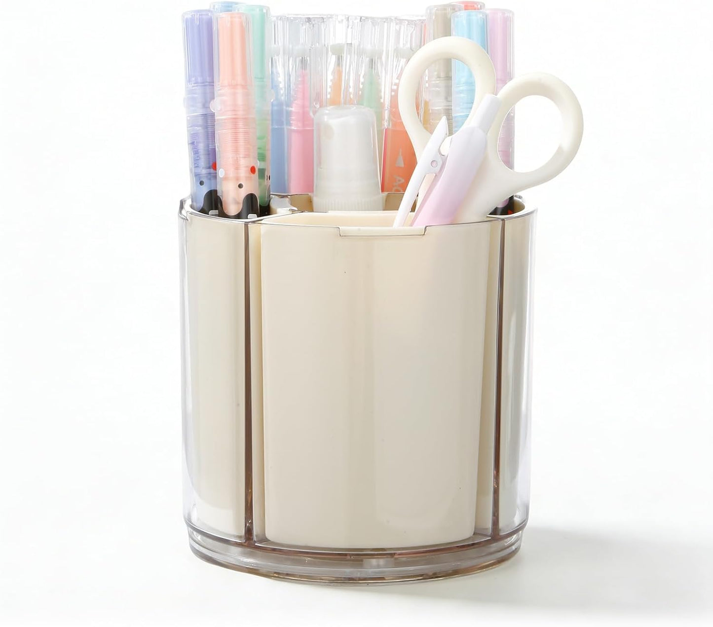 Comix 360° Rotating Pen Holder for Desk, Cute Pencil Holder Pen Organizer, Beige Acrylic Pencil Cup Caddy with 5 Slots for Home School Office Supplies