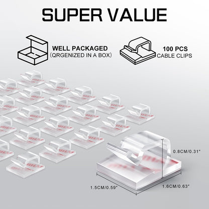 KGROTE 100PCS Cable Clips, Adhesive Wire Clips Strong Cord Clips Wire Holders, Cable Management Clips for Desk, Wall, Car, TV, Ethernet Cable (Clear, Small)
