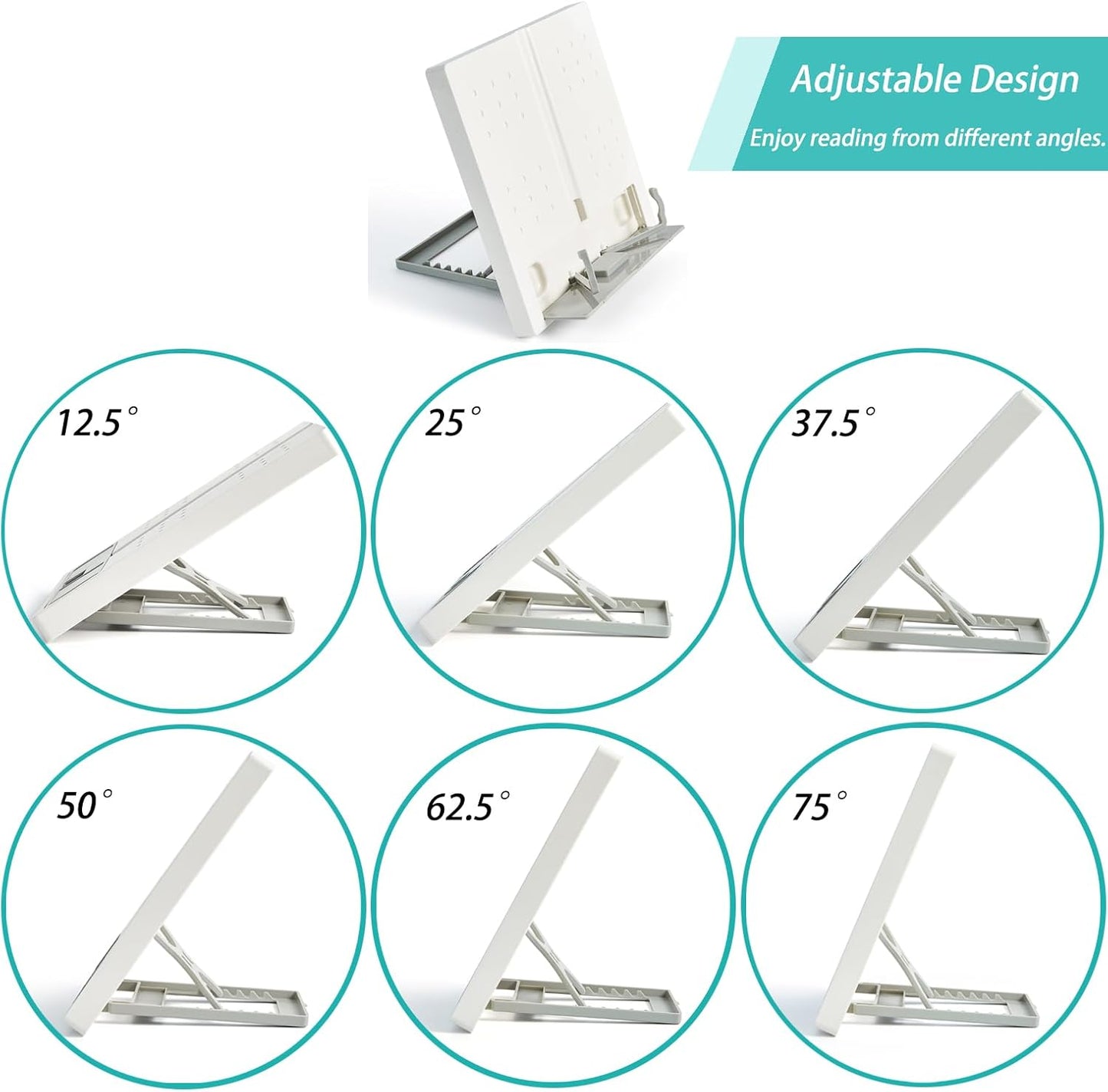 Portable Book Stand Holders for Reading Hands Free, Adjustable Cookbook Recipe Stand Holder for Kitchen Counter with Page Holder Clips