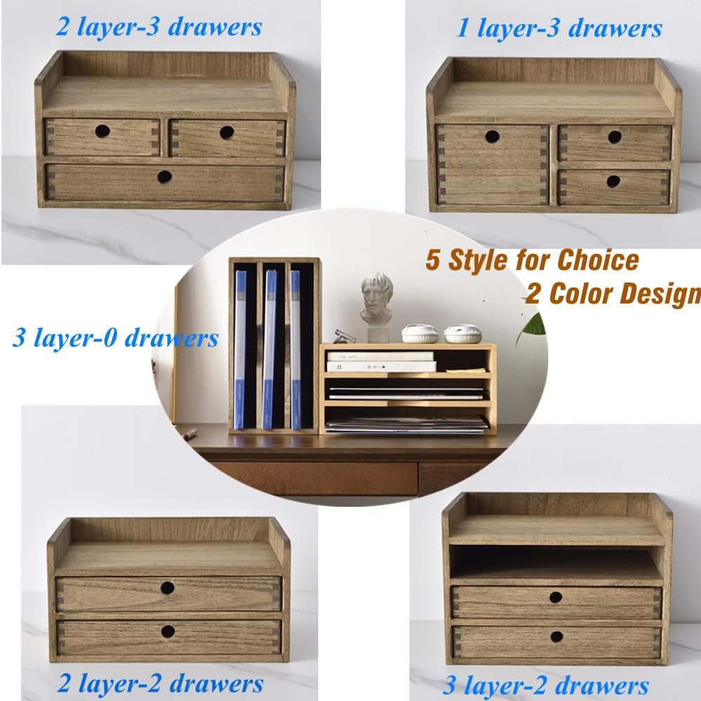 KIRIGEN Wooden Desktop Organizer Paper Storage Letter Tray File Sorter - Desk Rack Magazine File Dividers Holders for Home Office Accessories Wood Desk Cabinet with 3 Layer Trays Natural(3KWJG-NA)