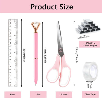 suniya Office Supplies,Gold Desk Accessories,with Stapler,Tape Dispenser,Pen Holder,Scissors,Phone Stand,Staple Remover,Ballpoint Pen,Clear Tape, Staples,Ruler,Clips,Best Gift for Business or Boss