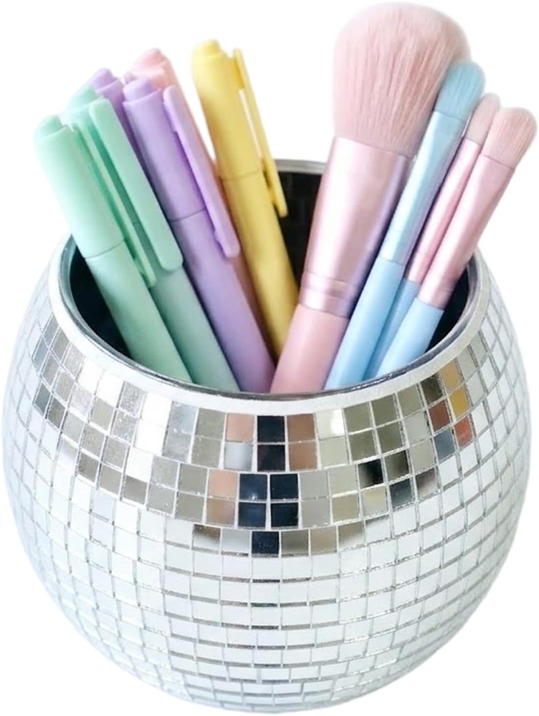 Disco Ball Makeup Brush Holder & Pen Cup - Fun Desk Accessories for Office, Cute Aesthetic Room Decor, 4.7 inch Unique gift vase for Her (rosegold)