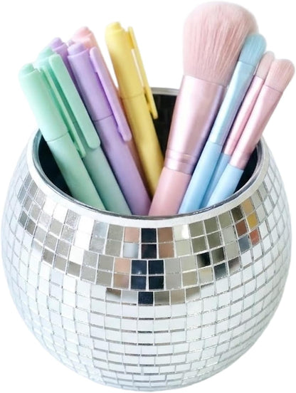 Disco Ball Makeup Brush Holder & Pen Cup - Fun Desk Accessories for Office, Cute Aesthetic Room Decor, 4.7 inch Unique gift vase for Her (rosegold)
