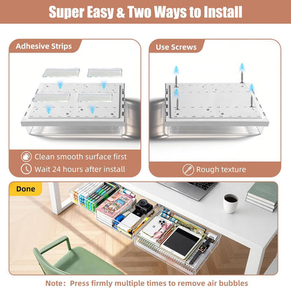TooCust 3 Pack Under Desk Drawer Slide Out Storage Organizer, Clear White 3 Sizes (S/M/L), Dual-Mount Hidden Table Tray for Tablets, Planners & Office Supplies