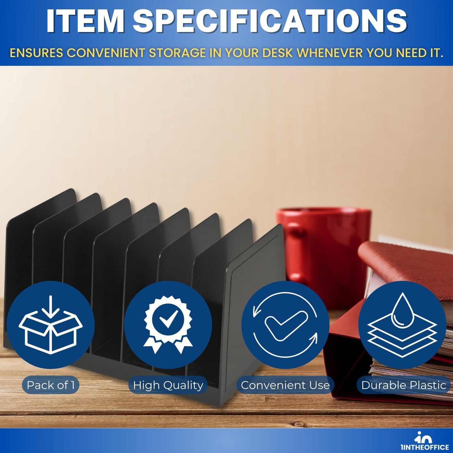 1InTheOffice Desktop File Organizer Vertical, Mail Organizer, 7 Compartments Office File Sorter, 4-3/4" H x 8-3/4" W x 5-1/2" D, Plastic, Black 2 Pack