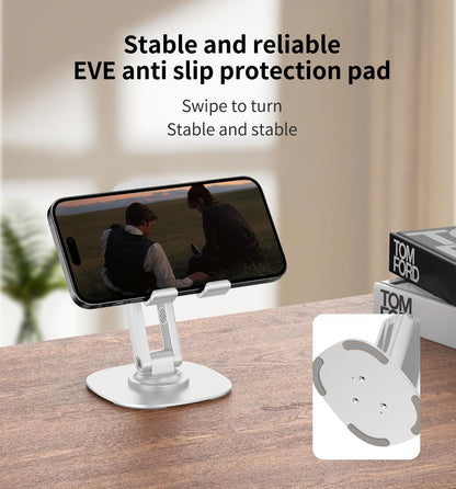 360° Rotating Cell Phone Stand for Desk, Adjustable & Foldable Phone Holder, Aluminum Desktop Phone Stand with Anti-Slip Base, Compatible with iPhone, iPad, Android Phones, K69-Black