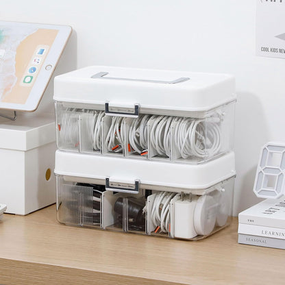 Large Cable Organizer Box with Lid, Plastic Cord Storage Case with Handle and Wire Ties for Home Office, Phone Charger, Art Crafts, Stationery