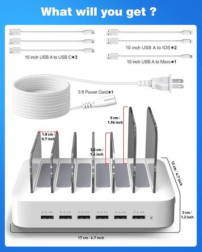 MSTJRY Charging Station for Multiple Devices : 6 Port USB Charger Stations - Family Multi-Device Organizer Charging Dock - Designed for iPhone iPad Android Cell Phone Tablet and Electronic, Black