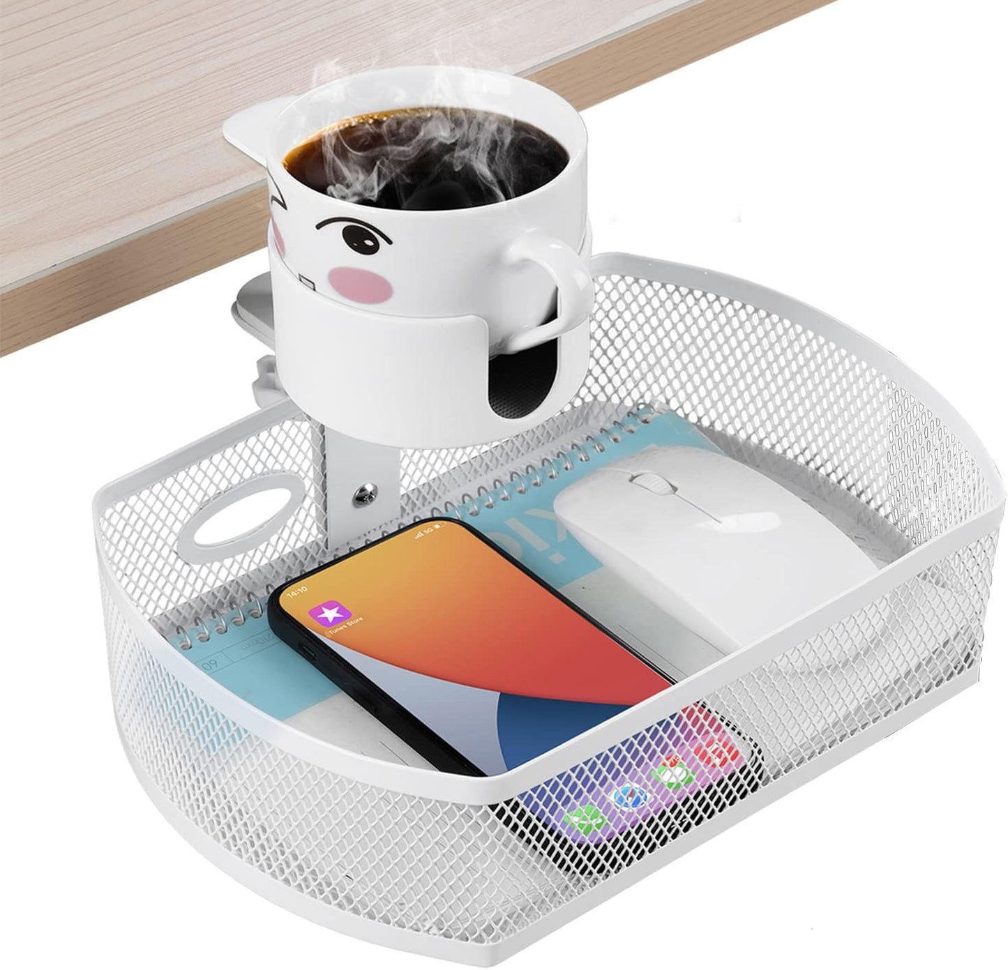 MASTLU Under Desk Organizer,Cup Holder,Table Management Tray, Swivel Pencil Drawer, Office No Drill Steel Organizers,360 Spin Hidden Storage Box with Sturdy C-Clamp,Easy Install (Black)