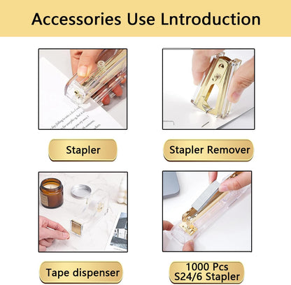 suniya Office Supplies,Gold Desk Accessories,with Stapler,Tape Dispenser,Pen Holder,Scissors,Phone Stand,Staple Remover,Ballpoint Pen,Clear Tape, Staples,Ruler,Clips,Best Gift for Business or Boss