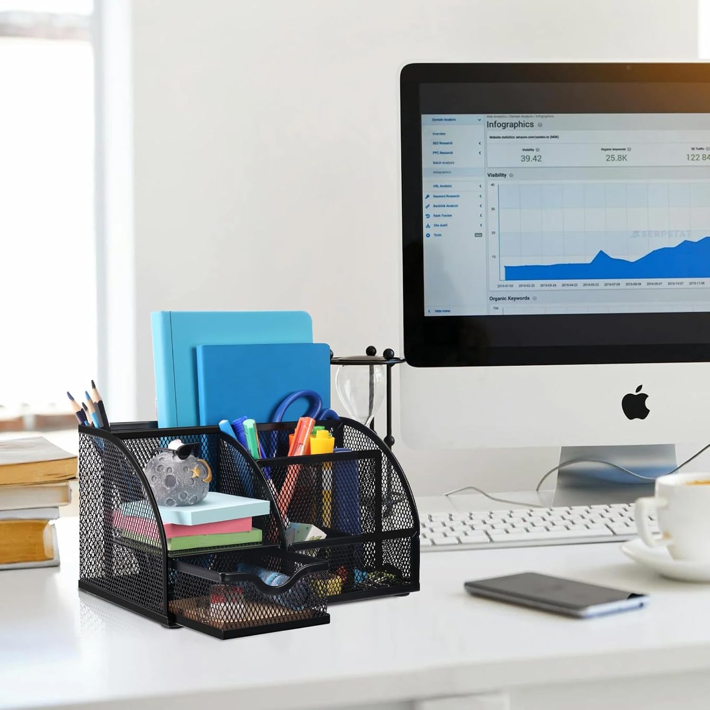 Comix Mesh Pen Pencil Holder Desk Organizer, 3 Compartment Wire Desktop Pen Pencil Cup Caddy Office Supplies Desk Accessories for Home Office School, Black