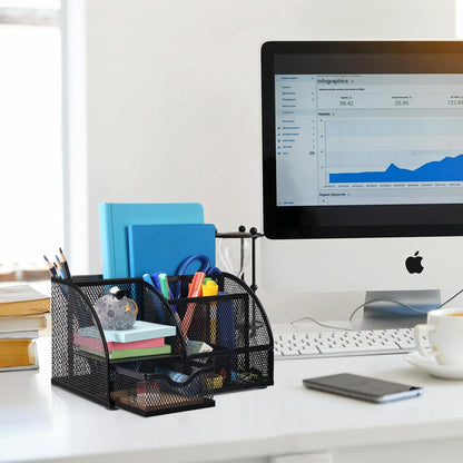Comix Mesh Pen Pencil Holder Desk Organizer, 3 Compartment Wire Desktop Pen Pencil Cup Caddy Office Supplies Desk Accessories for Home Office School, Black