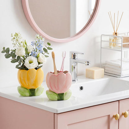 Foraineam 2 Pieces Ceramic Pen and Pencil Holder for Office Tulip Makeup Brush Storage Stand Cute Vase Decor Aesthetic Toothbrush Holder Desktop Organizers for Pencils, Painting Brushes, Art Supplies
