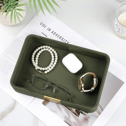 Valet Tray Desktop Storage Organizer, PU Leather Catchall Bedside Vanity Tray with Brass Accents Block Nightstand Organizer for Keys Watch Wallet Phone, Decorative Nightstand Storage (Green)