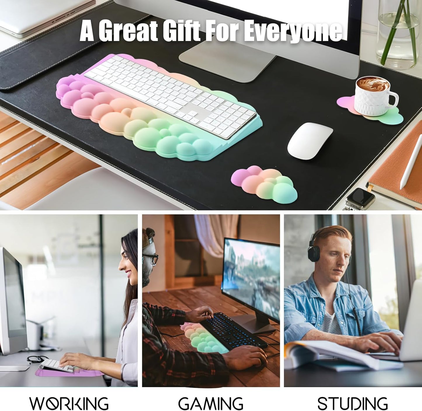 Ergonomic Wrist Rest for Keyboard and Mouse, Soft Memory Foam Cloud Keyboard Stand Pad with Wrist Rest Set, Easy Typing, Pain Relief, Comfort for Office, Work, Gaming - White