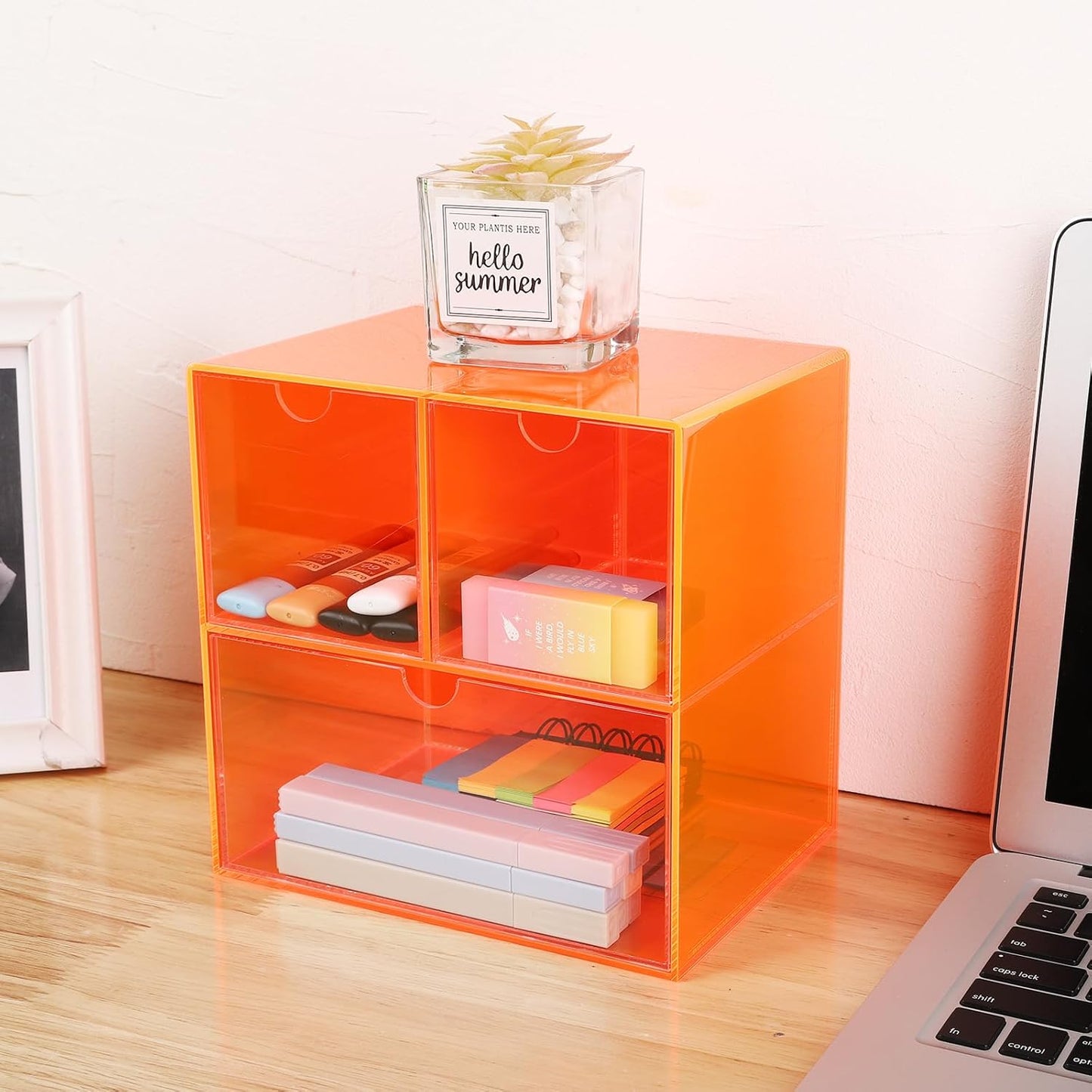 Gelite Desk Organizer with 3 Storage Drawers for Makeup Office Acrylic Desktop Drawer Organizer for Vanity Office Organization and Storage Box, Neon Pink