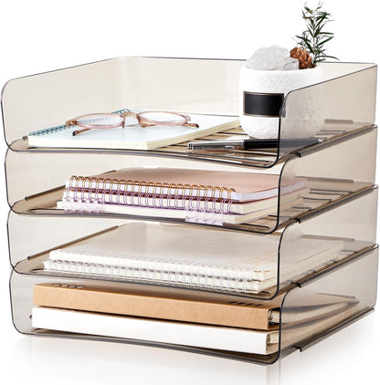 Harloon 4 Tier Paper Organizer Letter Tray Acrylic Desk File Organizer Heavy Duty Stackable Documents Clear Letter Paper Holder Sorter Office Tray for A4, Office Classroom Home File Pad Notebooks