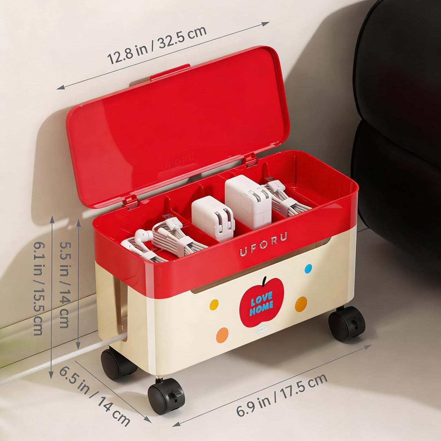 2-Tier Rolling Cable Management Box with Wheels (Large) – Mobile Power Strip Hider & Cord Organizer – Under Desk Wire Concealer & Charging Station Organizer – Baby & Pet Proof Safety (Retro Red)