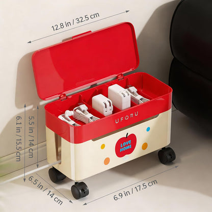 2-Tier Rolling Cable Management Box with Wheels (Large) – Mobile Power Strip Hider & Cord Organizer – Under Desk Wire Concealer & Charging Station Organizer – Baby & Pet Proof Safety (Retro Red)