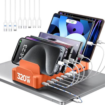 420W Charging Station for Multiple Devices, Zobirez 10-Port USB C Fast Charger Stations for MacBook, iPhone, Android Cell Phone, iPad, Tablet, Family Multi-Device Organizer Charging Dock, Black