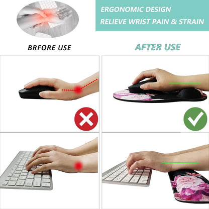 Keyboard Wrist Rest Pad Mouse Pad with Wrist Support Set of 3, Mousepad with Non-Slip Rubber Base, Ergonomic Memory Foam Mouse Wrist Cushion Support for Home Office Laptop Computer, Flower Black