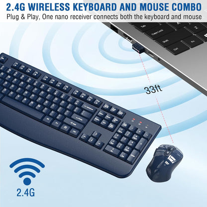 Wireless Keyboard and Mouse Combo, EDJO 2.4G Full-Sized Ergonomic Computer Keyboard with Wrist Rest and 3 Level DPI Adjustable Wireless Mouse for Windows, Mac OS Desktop/Laptop/PC