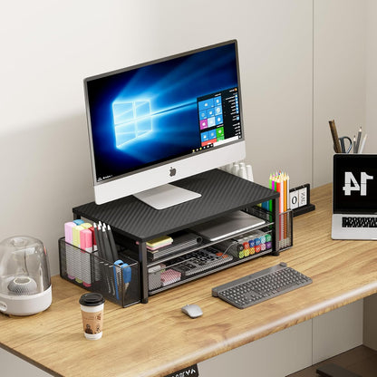 OPNICE Desk Organizers and Accessories, Computer Monitor Stand Riser with Drawer and 2 Pen Holders, Printer & Laptop Stand, Office Desk Accessories & Workspace Organizers for Home Office Supplies, Black