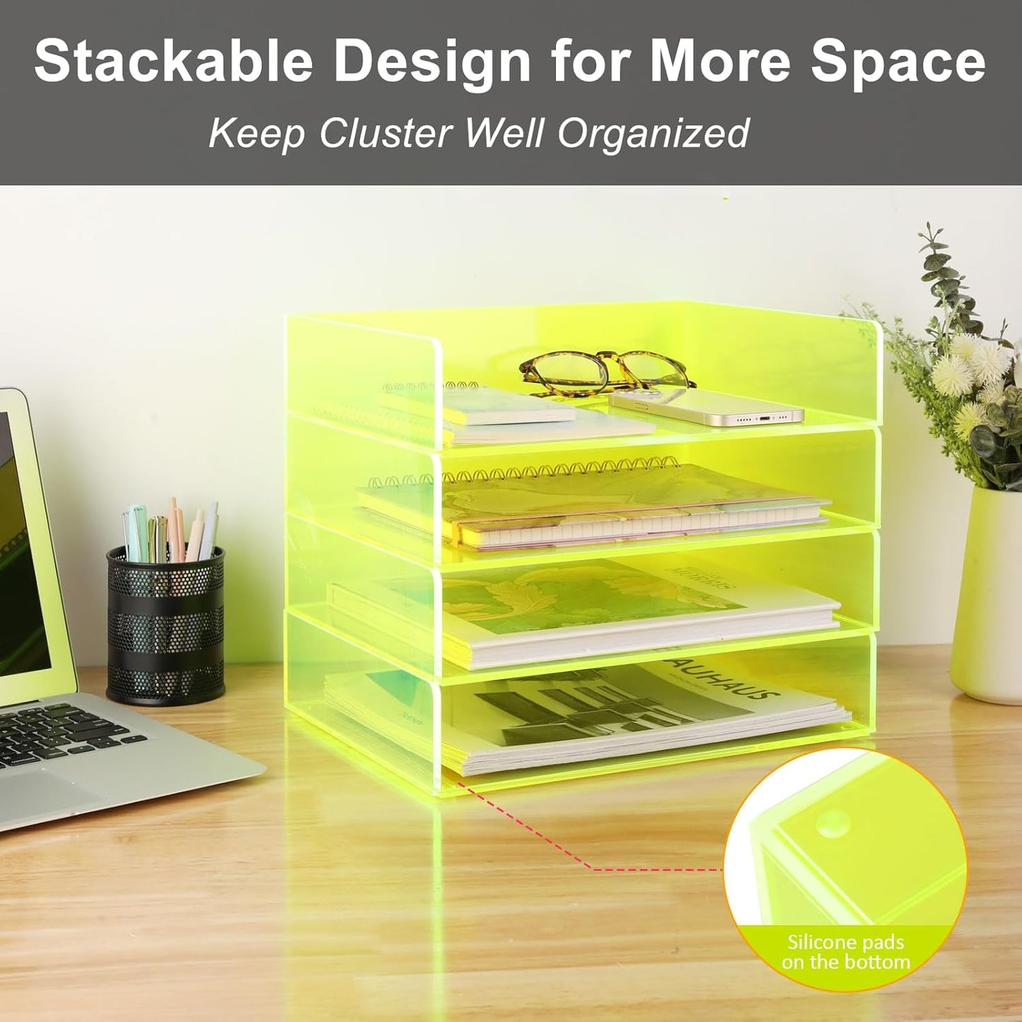 Gelite Acrylic File Organizer for Desk 4 Tiered Stackable Letter Tray Office Paper Storage Desktop Document Sorter, Neon Pink
