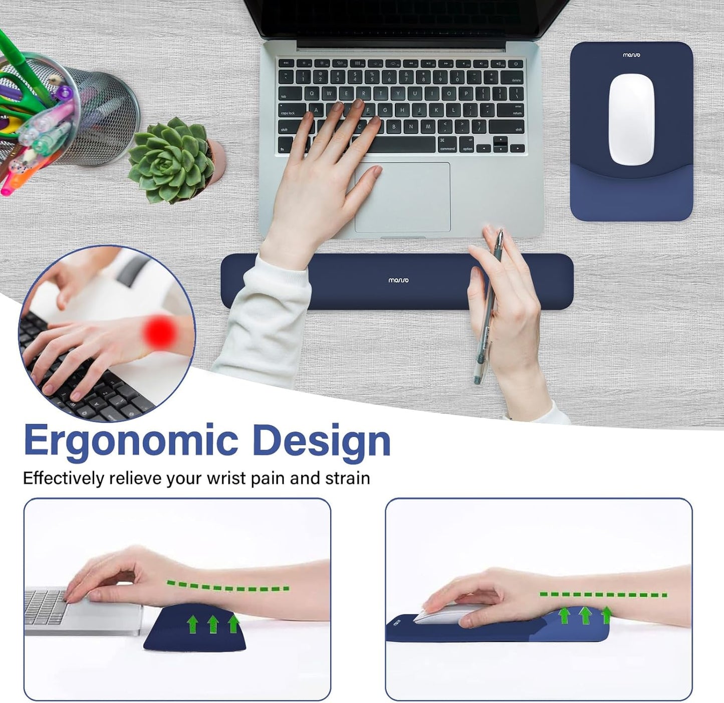 MOSISO Wrist Rest Support for Mouse Pad&Keyboard Set, Rectangular Ergonomic Mousepad Non-Slip Base Home/Office Pain Relief&Easy Typing Pad with Neoprene Cloth&Raised Silicone Lining, Green