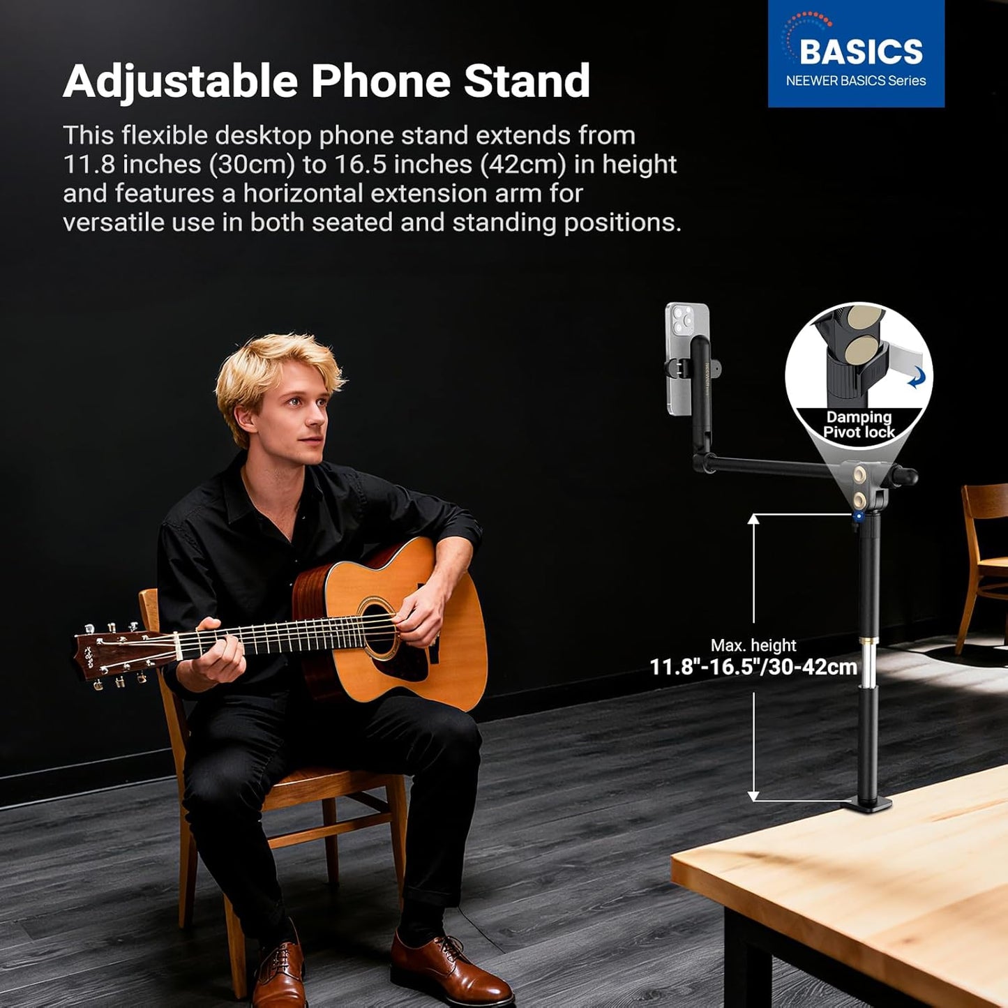 NEEWER Basics Cell Phone Stand for Desk, Adjustable Phone Holder Clamp with Weighted Metal Base, Office Table Phone Mount Compatible with iPhone 16 15 Pro Max Plus Samsung for Video Recording, ST006