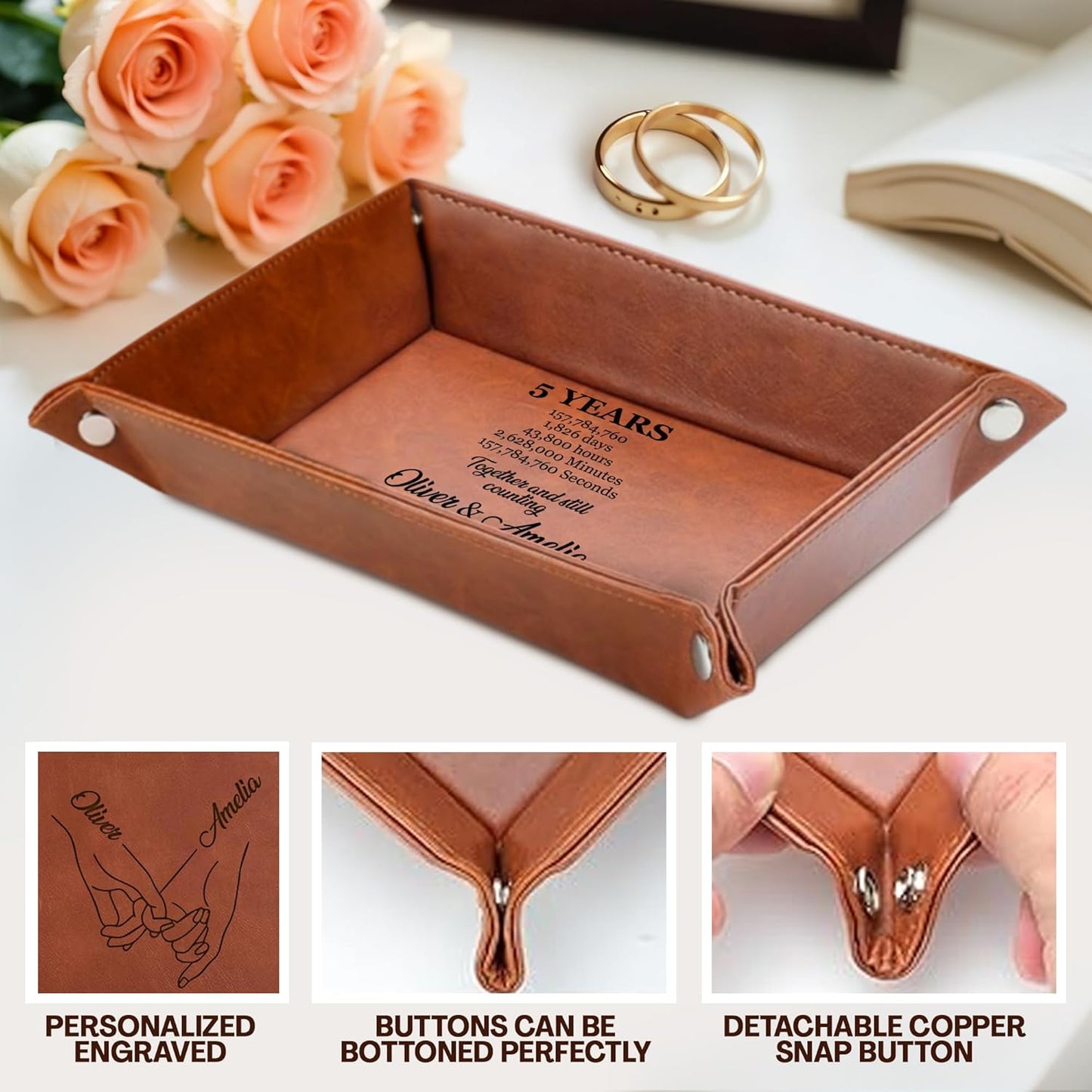 Personalized Engraved Leather Tray for Men with Engraved Name, PU Leather Valet Organizer for Dad, Custom Gift for Him, Custom Catchall Tray for Desk, Office, Accessories Travel Organizer for Men