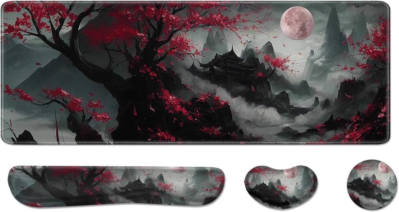 Desk Pad and Keyboard Wrist Rest, Large Mouse Pad + Keyboard Pad+Mouse Wrist Support, Non-Slip Desk Mat Protector for Office, Home 31.5×11.8 Inches Anime Dragon