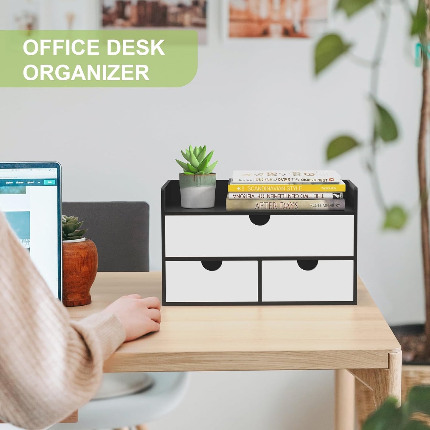 Desk Organizer with Drawers - Bamboo Desktop Organizer Storage | Wood Desk Drawers Organizer for Bills, Office Supplies, Cosmetics, Seals No Assembly Required (3 Drawer with Big Drawer)