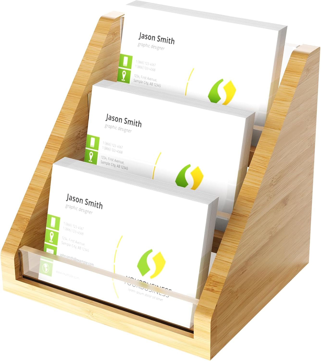 Sleek Bamboo Acrylic Business Card Holder for Reception, Office Desk, Meetings, Trade Shows, Home Office, Versatile Use Professional Display, Natural Modern Blend Elegant Organizer (3 Tiers)