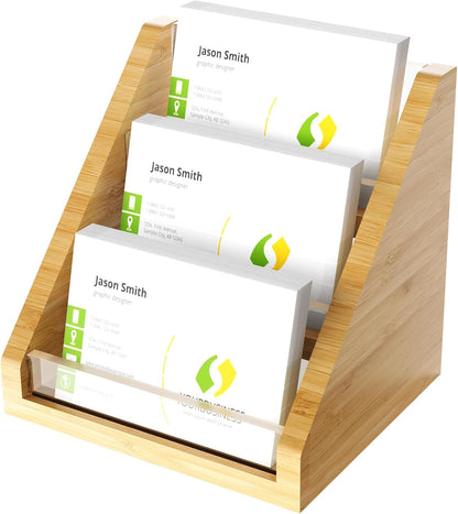 Sleek Bamboo Acrylic Business Card Holder for Reception, Office Desk, Meetings, Trade Shows, Home Office, Versatile Use Professional Display, Natural Modern Blend Elegant Organizer (3 Tiers)
