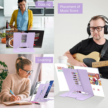 Honagu Metal Desk Book Holder, Hands Free Adjustable Cookbook & Document Holder, Portable Bookstand for Music Books, Textbooks, Recipes, Tablets & iPads (Purple)