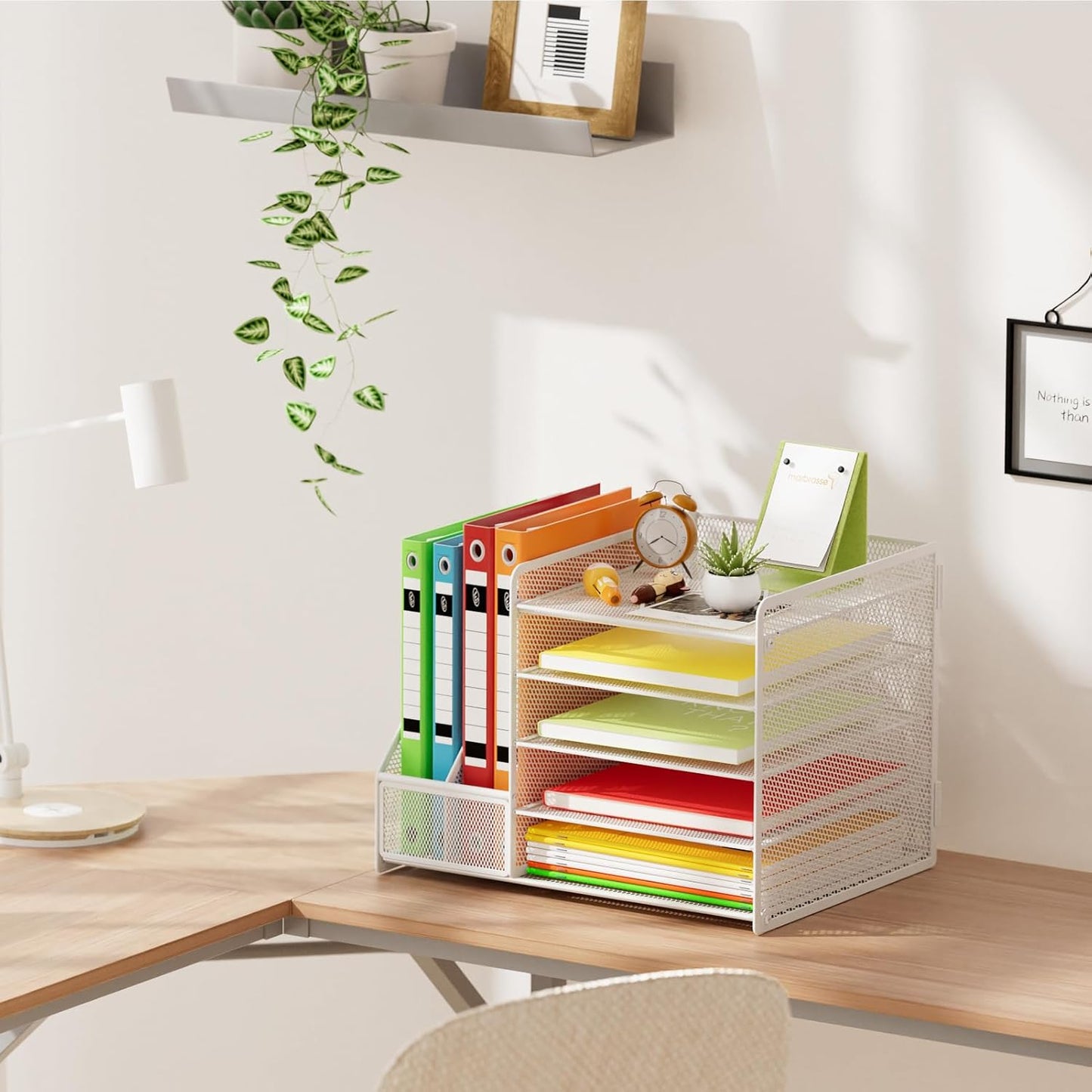 Marbrasse Desk Organizer with File Holder, 5-Tier Paper Letter Tray Organizer with Drawer and 2 Pen Holder, Mesh Desktop Organizer and Storage with Magazine Holder for Office Supplies(Black)