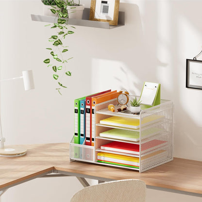 Marbrasse Desk Organizer with File Holder, 5-Tier Paper Letter Tray Organizer with Drawer and 2 Pen Holder, Mesh Desktop Organizer and Storage with Magazine Holder for Office Supplies(Black)