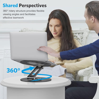 OMOTON Adjustable Laptop Stand with 360 Rotating Base, Ergonomic Laptop Riser for Collaborative Work, Dual Rotary Shaft Fully Foldable for Easy Storage, Fits All Laptops up to 16 inches, Silver